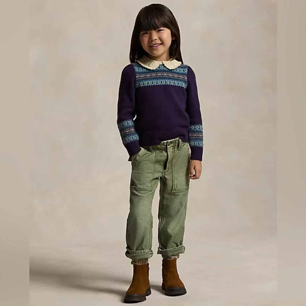 Ralph Lauren Girls Embroidered Cotton Satin Carpenter Pant - Size 3